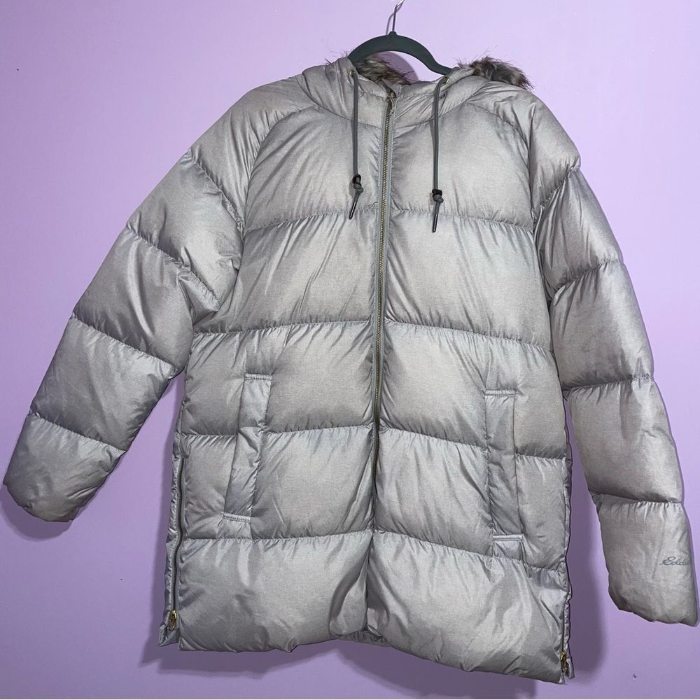 Eddie Bauer Down Puffer Jacket Women Size L Hooded Winter Coat